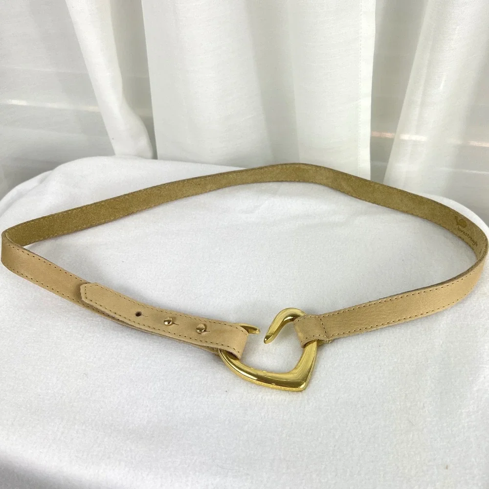 Womens Tan Leather Heart Buckle Belt Gold Tone Hardware Size M/L Festivak wester